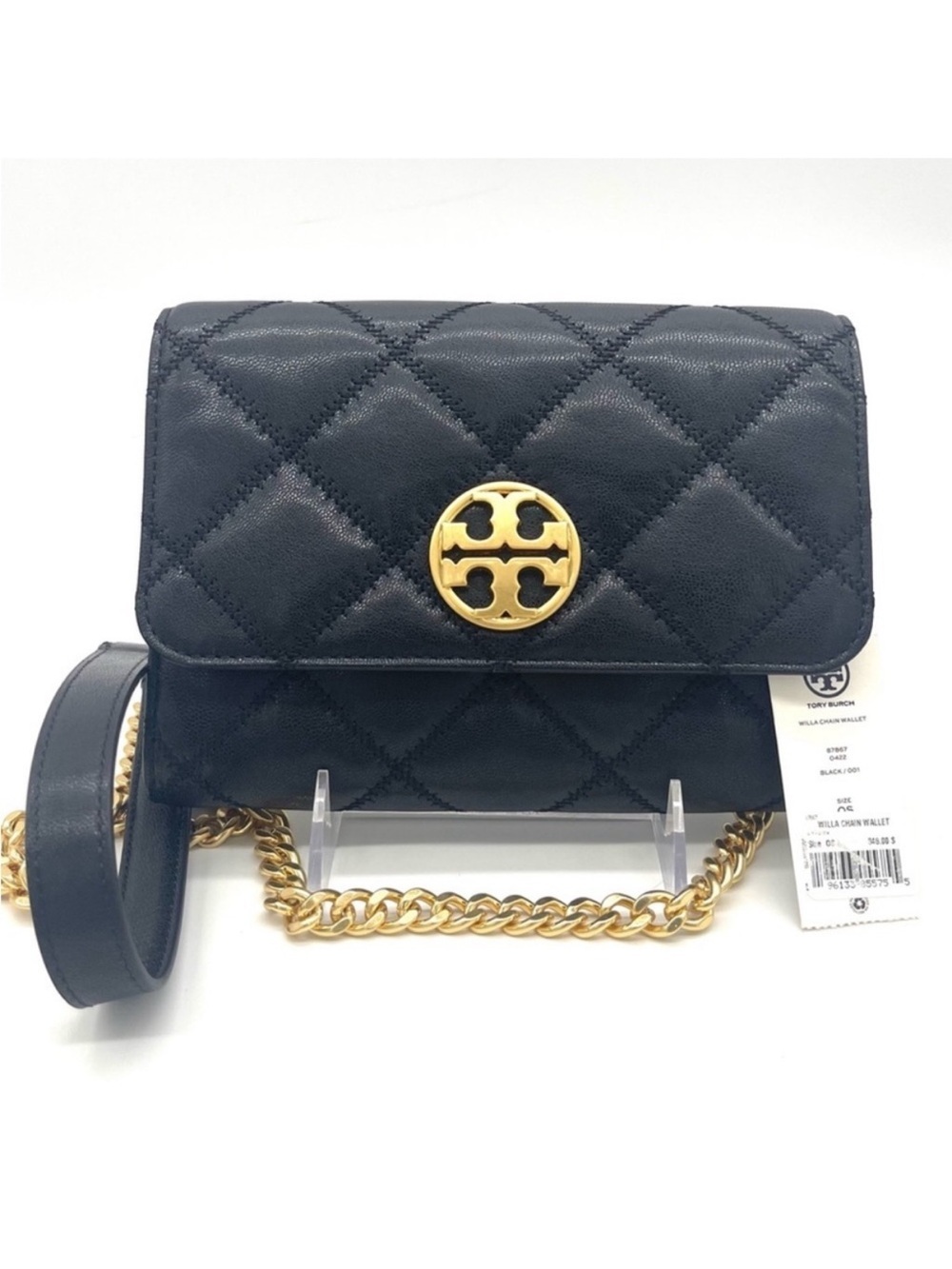 Tory Burch Black Quilted Leather Crossbody with Gold Logo Accent